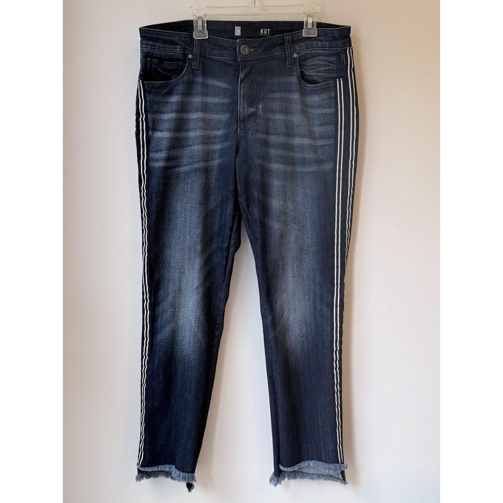 Kut From The Kloth Reese Ankle Jeans 10 Blue Side Stripe Raw Hem Retro